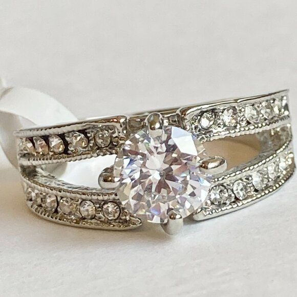Vintage Silver Cubic Zirconia Cocktail Engagement Ring Size 6 7 8 9 RhodiumPlate - Picture 12 of 15
